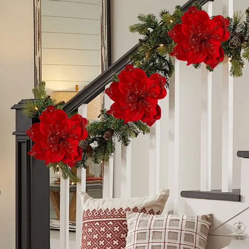 Artificial Glitter Christmas Flowers Red Poinsettia Xmas Tree Hanging Ornament Magnolia Fake Flower Wedding Party New Year Decor