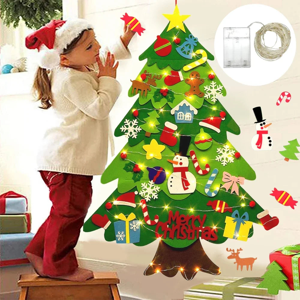 DIY Felt Christmas Tree for Toddler Feltpinetree Xmas with String Lights for Kids Montessori Toy Gift Home Decor Party Supplies