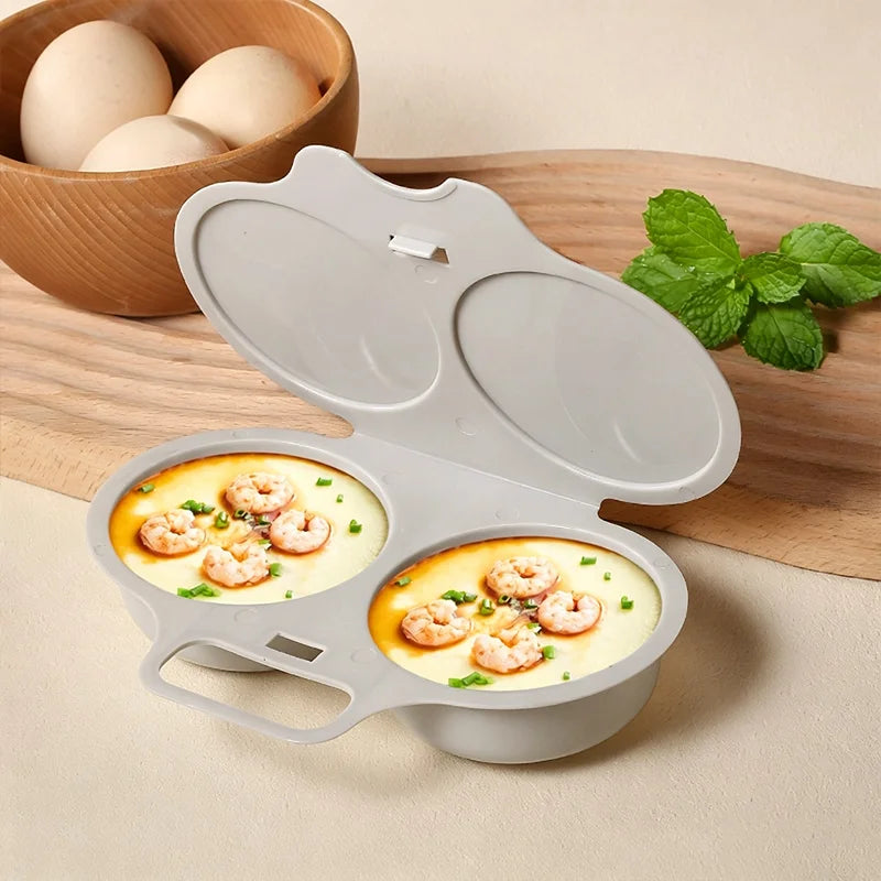 2 Cavity Microwave Egg Poacher Kitchen Round Steamed Egg Cooking Mould With Cover Reusable Non-stick Omelet Poached Egg Tool