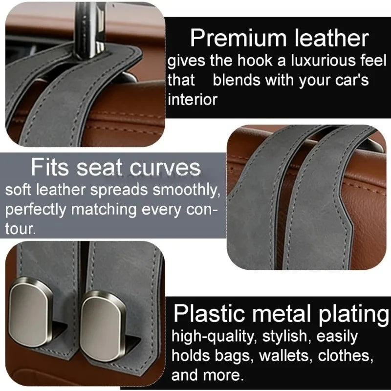 Car Seat Headrest Hooks 2 in 1 Leather Car Seat Back Hook Purse and Bag Backpack Double Hook Cars Seat Hanger Car Headrest Hooks