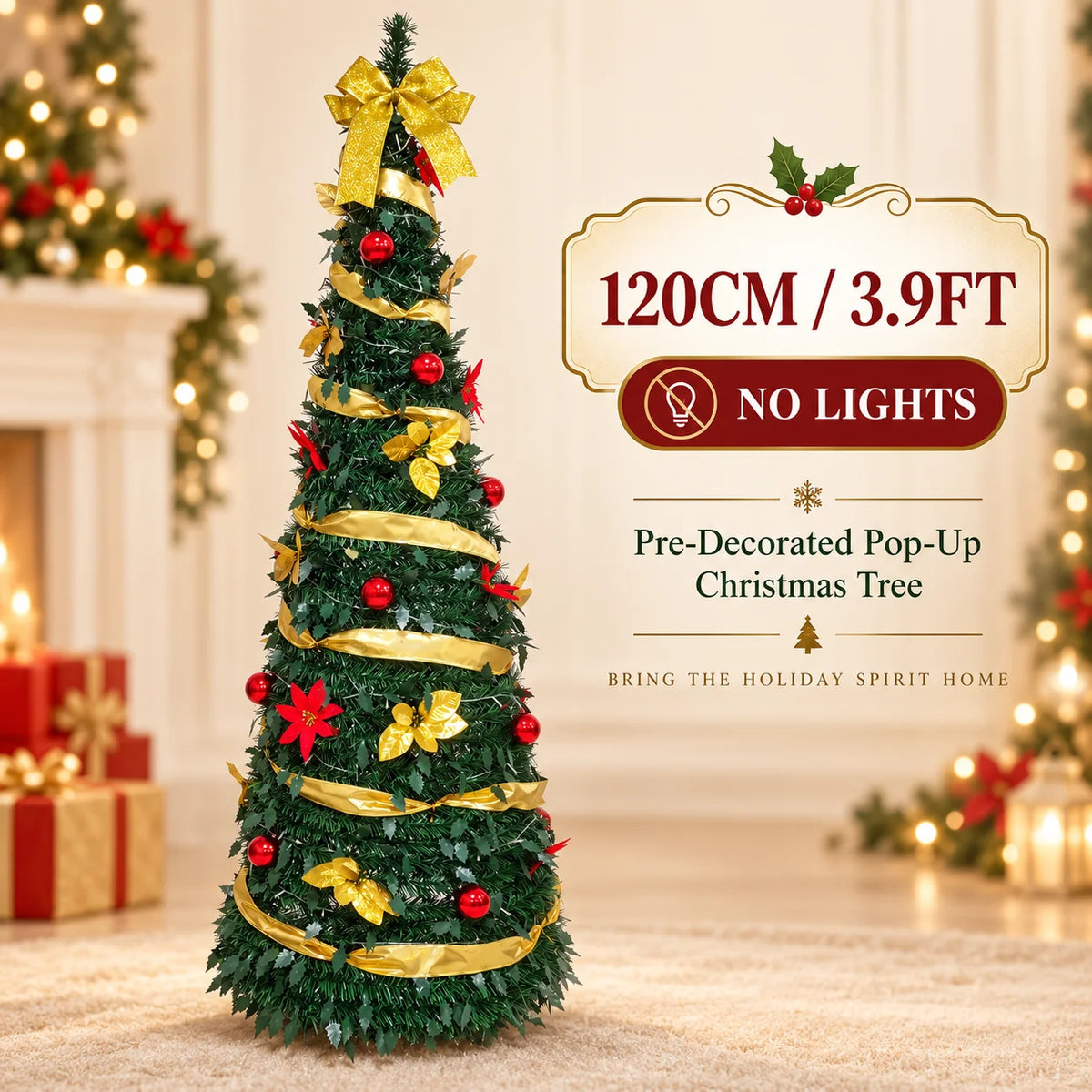 Pre Decorated Christmas Tree 120/150/180/210cm Artificial Xmas Tree with Warm Yellow LED Lights Gold Ribbon Red Ornaments Holida