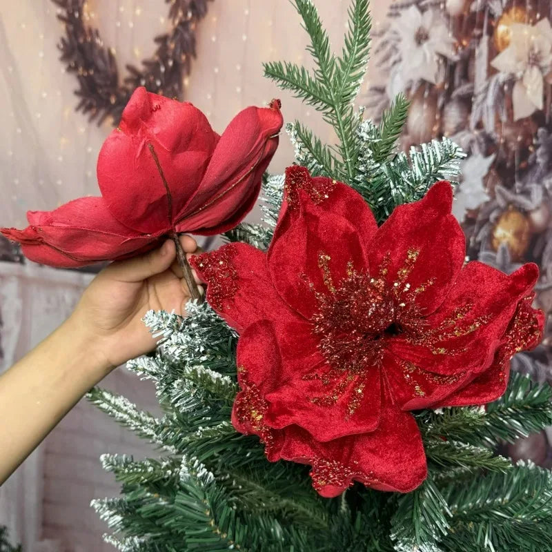 Artificial Glitter Christmas Flowers Red Poinsettia Xmas Tree Hanging Ornament Magnolia Fake Flower Wedding Party New Year Decor