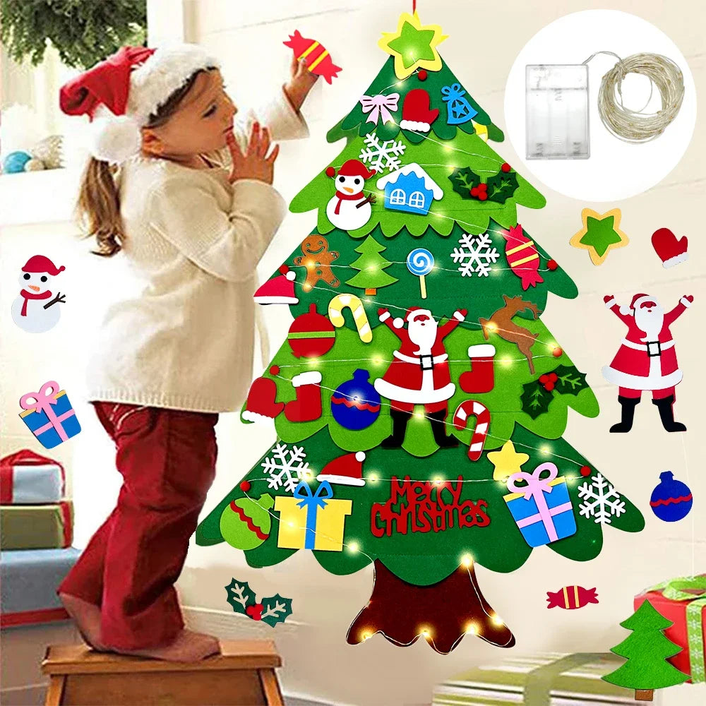 DIY Felt Christmas Tree for Toddler Feltpinetree Xmas with String Lights for Kids Montessori Toy Gift Home Decor Party Supplies