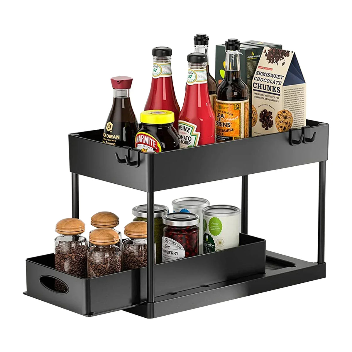 Multifunctional Storage Rack 2 Tier Under Sink Sliding Cabinet Basket Organizer Storage Rack with Hooks Hanging Cup Bathroom