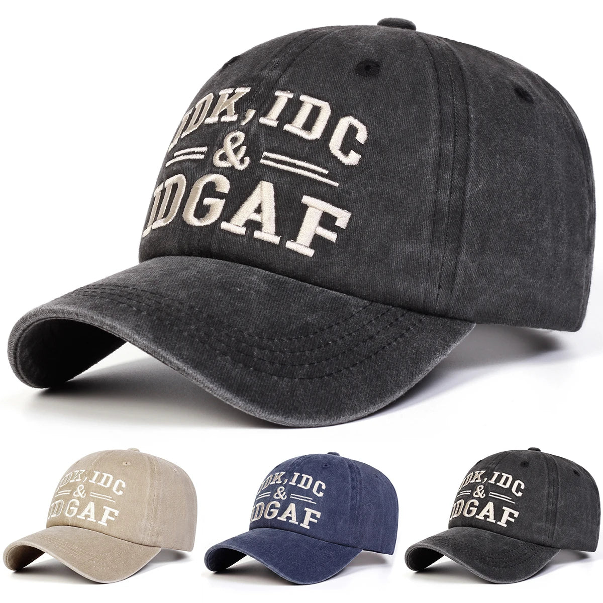 Unisex IDK IDC&IDGAF Letter Embroidery Washed Baseball Cap Spring Autumn Outdoor Adjustable Casual Hat Sunscreen Hat Sports Cap