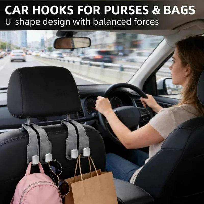 Car Seat Headrest Hooks 2 in 1 Leather Car Seat Back Hook Purse and Bag Backpack Double Hook Cars Seat Hanger Car Headrest Hooks