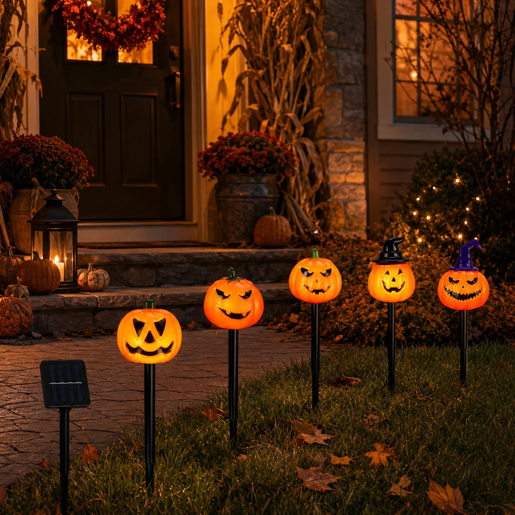 5pcs/set Halloween Horrible Pumpkin Stakes Lights Spooky Solar Powered Garden Lamp For Halloween Outdoor Party Yard Patio Decor