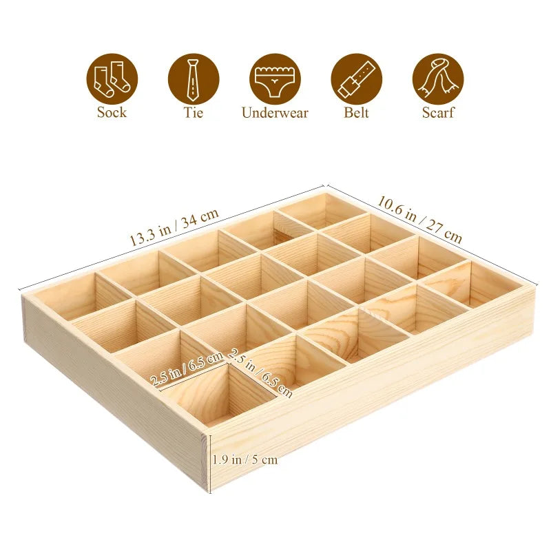 20-Section Wooden Drawer Organizer Natural Finish Storage Box for Clothes Socks Underwear Desk Vanity Tidy Compartment Dividers