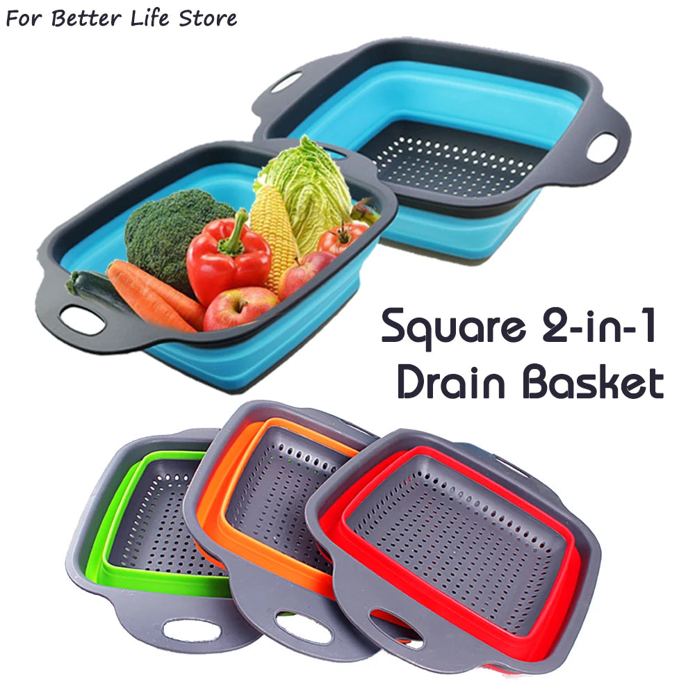 1Pc 2in1 Silicone Folding Drain Fruit Vegetable Washing Basket Foldable Strainer Collapsible Drainer Kitchen Storage Tool Dish