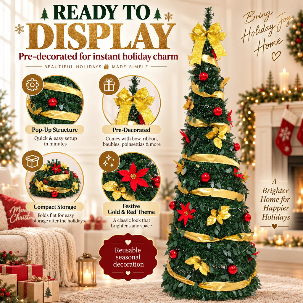 Pre Decorated Christmas Tree 120/150/180/210cm Artificial Xmas Tree with Warm Yellow LED Lights Gold Ribbon Red Ornaments Holida