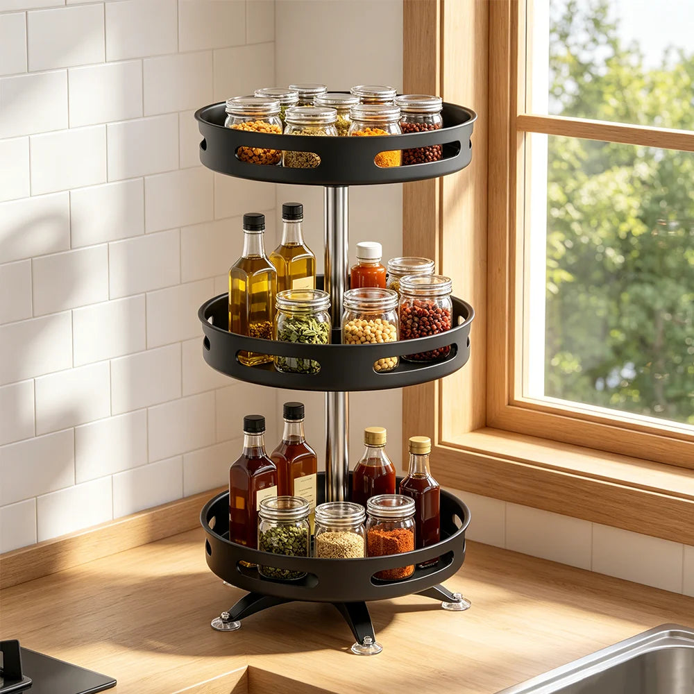 Rotation Spice Rack + 12pcs Seasoning Bottle Set, Multi-Layer Spices Cans Storage Tray Organizer Kitchen Accessories