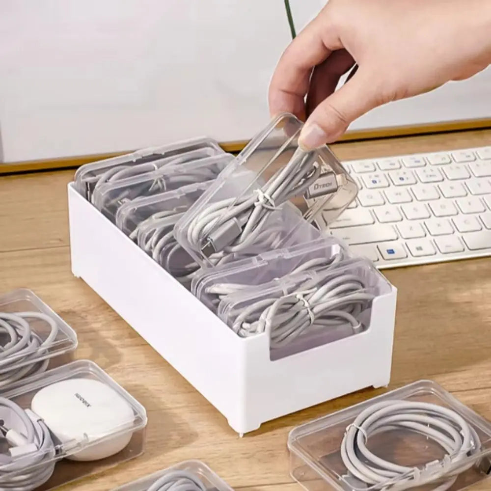 Clear Data Cable Storage Box Durable Messy-Free Cable Organizer Box Plastic Reusable Desktop Cable Organizer Office Supplies