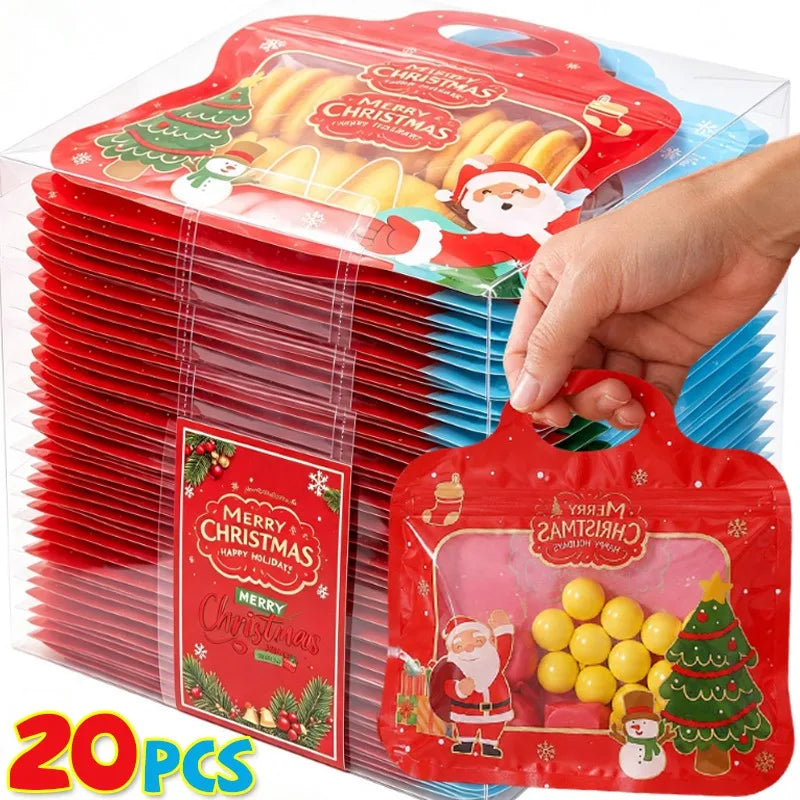 2/20PCS Christmas Self-Sealing Bags Santa Claus Snowman Pattern Standable Handbags  Candy Cookie Packaging Pouch Party Supplies