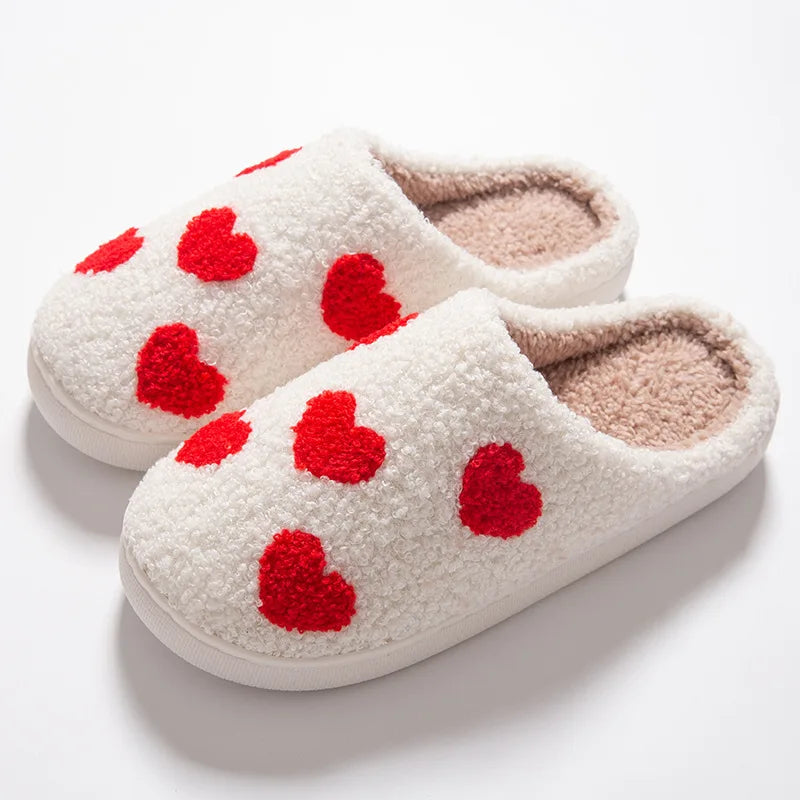 Women Winter Lovely Strawberry Plush Slippers Female Soft Home Warm Slides Adults Indoor Fashion Red Heart-shaped Pattern Shoes