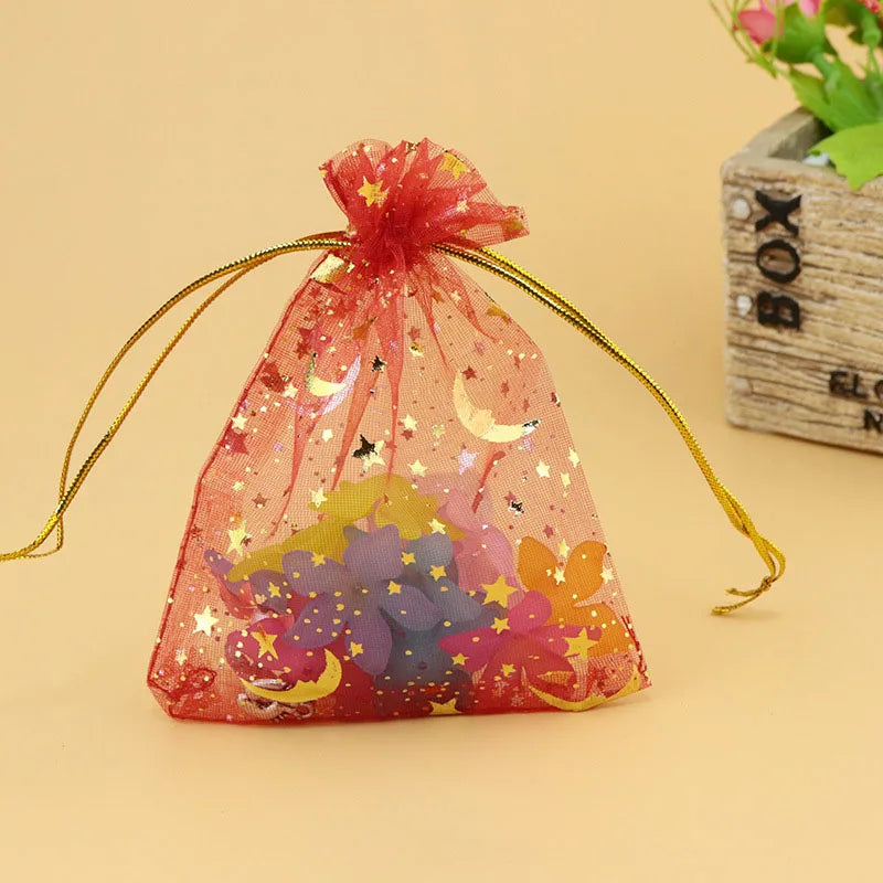 50pcs/lot 7x9cm Moon Star Organza Bags Adjustable Drawstring Bag for Wedding Gifts Candy Jewelry Packaging Pouch Wholesale