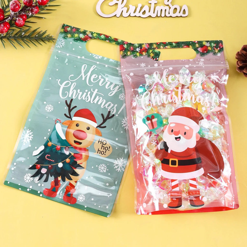 10/20pcs Merry Christmas Gift Bags Santa Elk Resealable Candy Bags with Zippers New Year Party Favor Bags Christmas Decoration