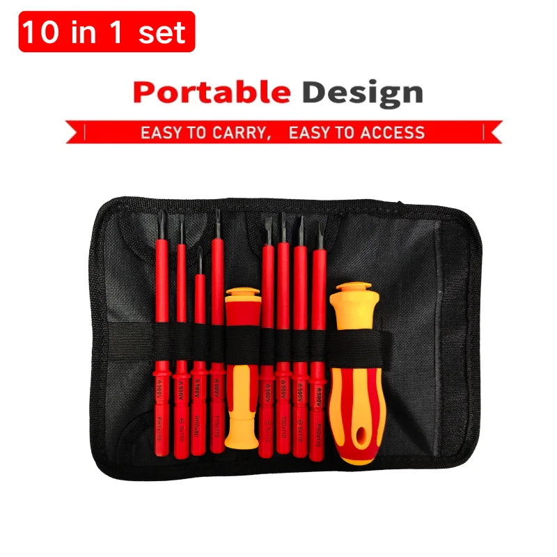 10 In 1 Interchangeable Blade 500V Insulated Screwdriver Set With Case Magnetic High Hardness Home Electricians Repair Tools