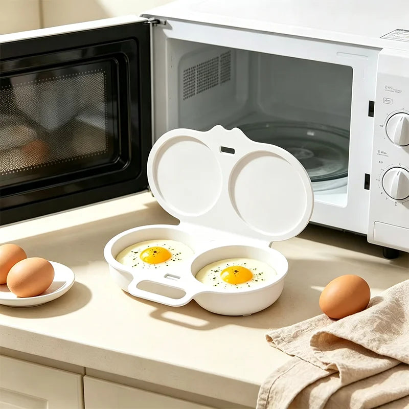 2 Cavity Microwave Egg Poacher Kitchen Round Steamed Egg Cooking Mould With Cover Reusable Non-stick Omelet Poached Egg Tool
