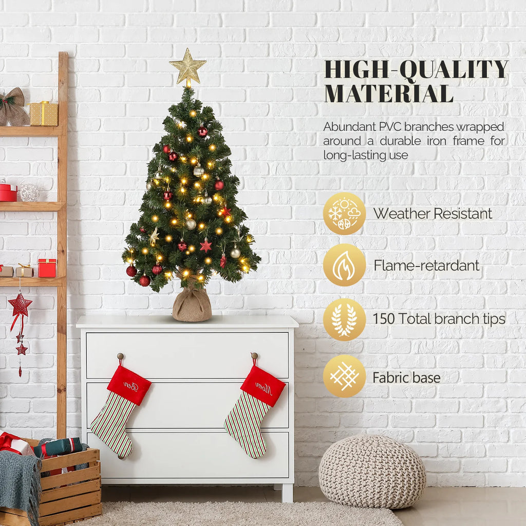 3ft Christmas Tree with 150 Branches – PVC, 100 Warm White LED Lights, 8 Modes, Battery Operated, Star Topper, Linen Base, for Home, Office, Party, Tabletop Decor – Easy Assembly, Durable, Fire-Resistant