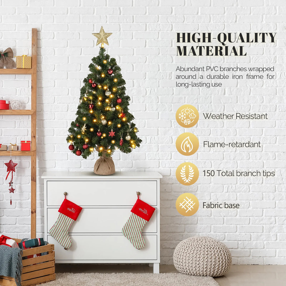 3ft Christmas Tree with 150 Branches – PVC, 100 Warm White LED Lights, 8 Modes, Battery Operated, Star Topper, Linen Base, for Home, Office, Party, Tabletop Decor – Easy Assembly, Durable, Fire-Resistant