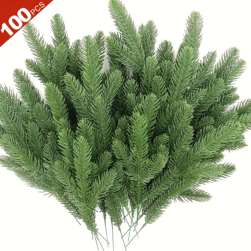 100pcs 10.6inch Realistic Pine Branches - Flexible, Natural Look, Suitable for Weddings, Bedrooms, And Living Rooms