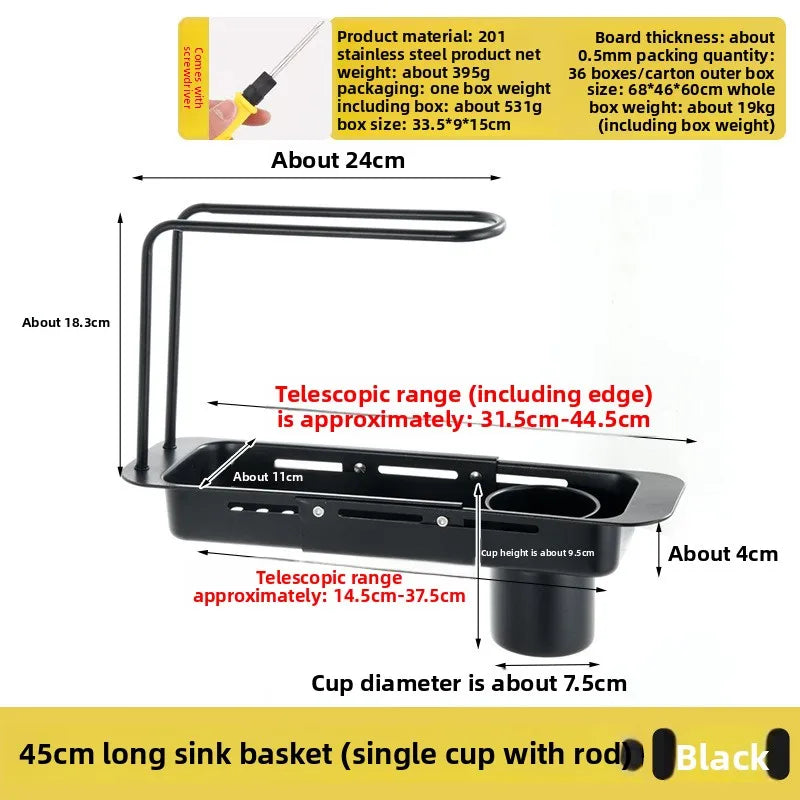 36-50cm Telescopic Shelf Drain Water Rack Sinks Organizer Soap Sponge Towel Holder Kitchen Gadgets Storage Basket Accessories