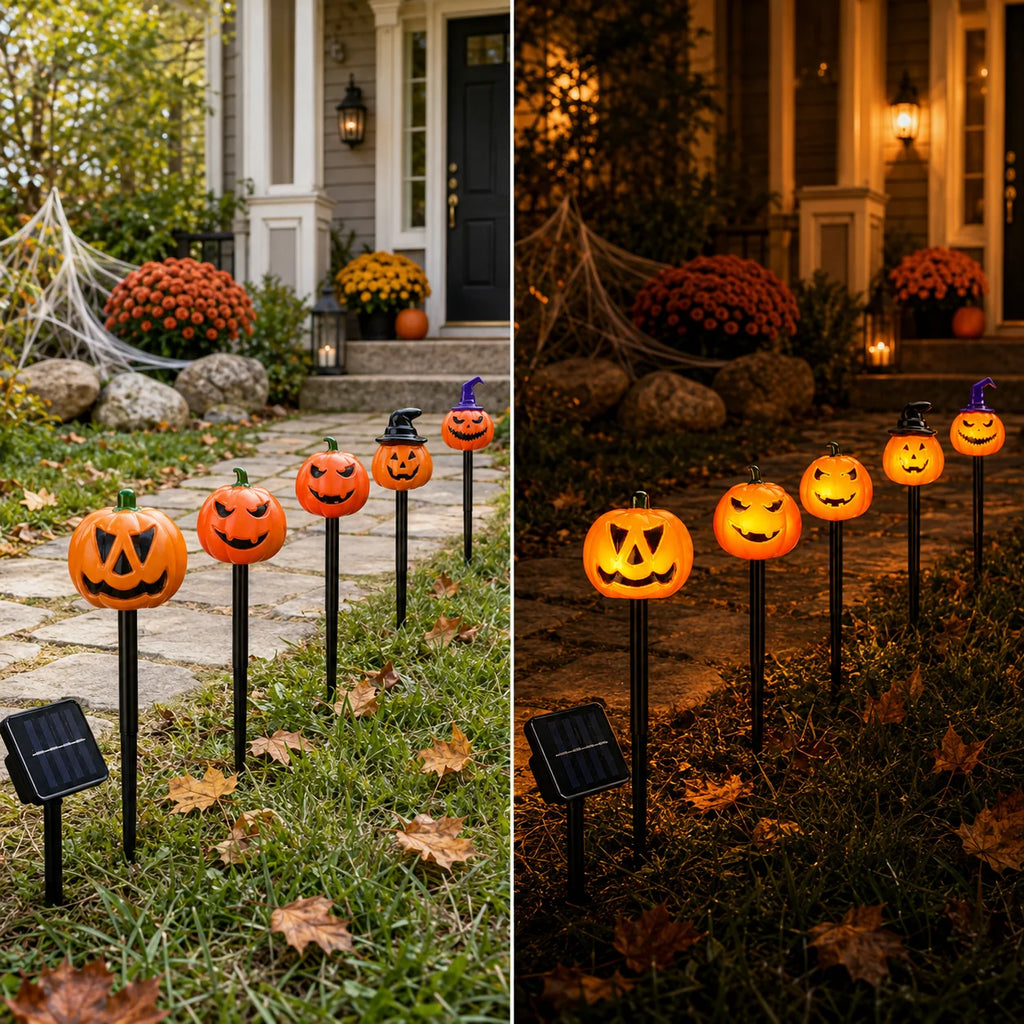 5pcs/set Halloween Horrible Pumpkin Stakes Lights Spooky Solar Powered Garden Lamp For Halloween Outdoor Party Yard Patio Decor