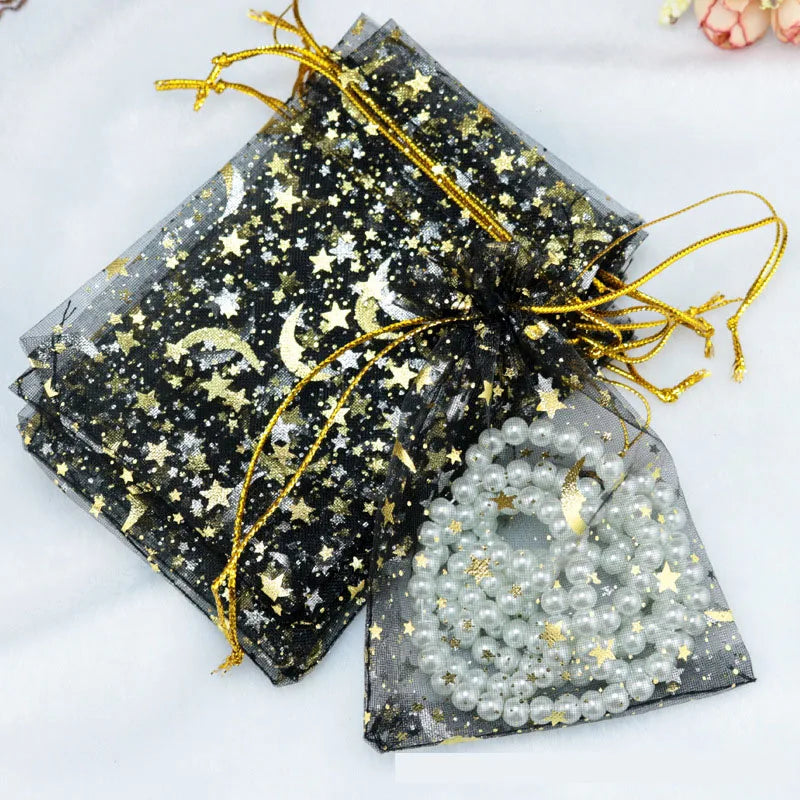 50pcs/lot 7x9cm Moon Star Organza Bags Adjustable Drawstring Bag for Wedding Gifts Candy Jewelry Packaging Pouch Wholesale