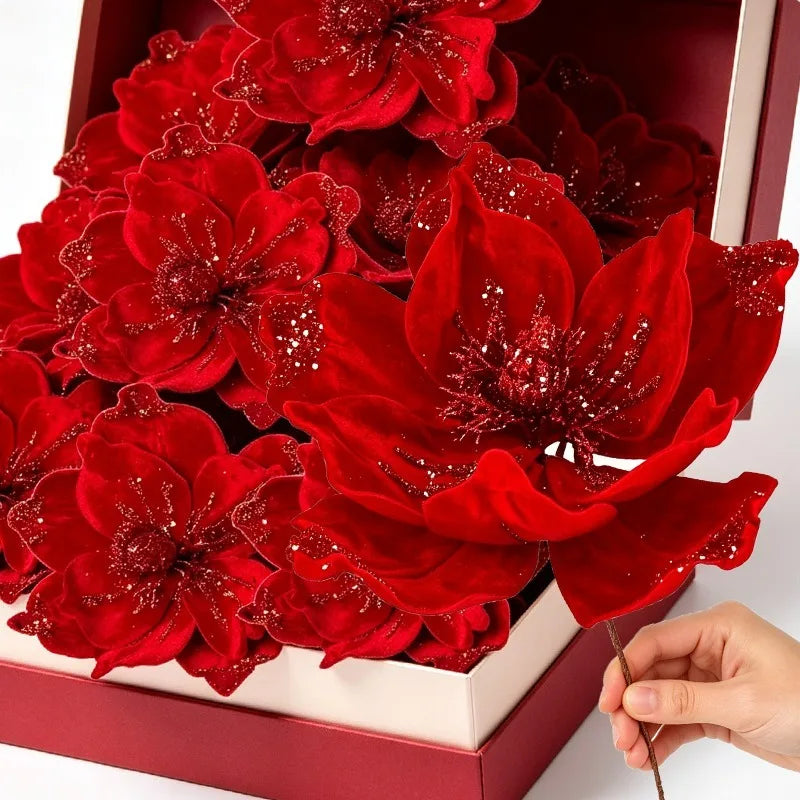 Artificial Glitter Christmas Flowers Red Poinsettia Xmas Tree Hanging Ornament Magnolia Fake Flower Wedding Party New Year Decor