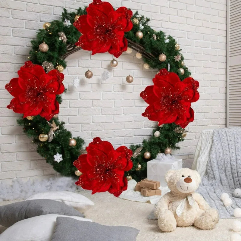 Artificial Glitter Christmas Flowers Red Poinsettia Xmas Tree Hanging Ornament Magnolia Fake Flower Wedding Party New Year Decor