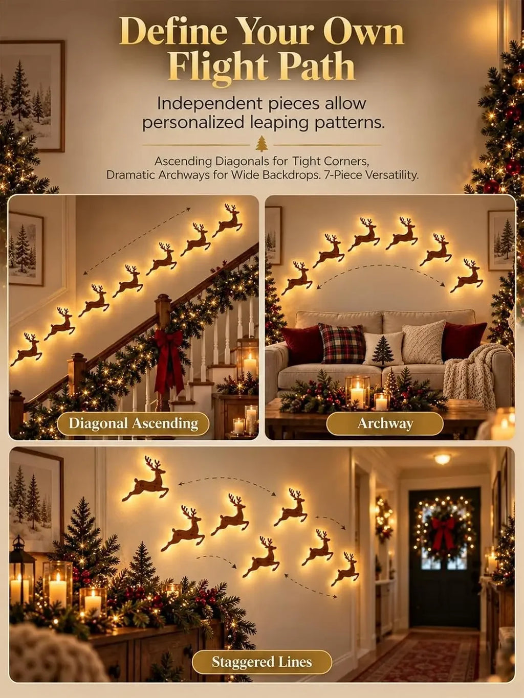 3D Reindeer Glow Santa Sleigh Christmas Wall Decoration Indoor Lighted,LED Light up Glowing Reindeer 3D Wooden Wall Art Stickers