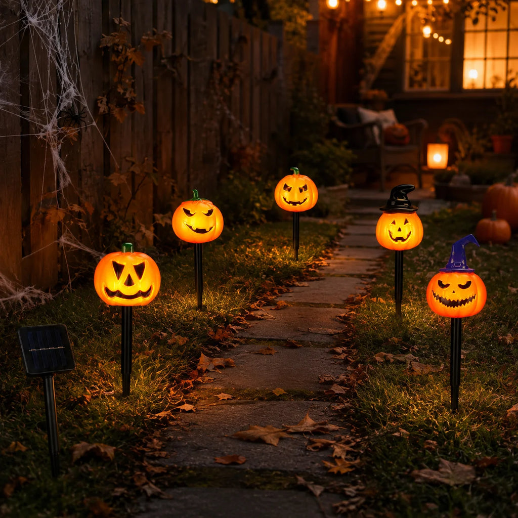 5pcs/set Halloween Horrible Pumpkin Stakes Lights Spooky Solar Powered Garden Lamp For Halloween Outdoor Party Yard Patio Decor