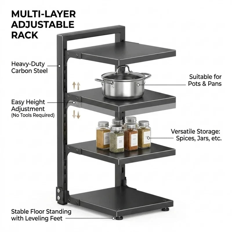 Multi Layer Under Sink Kitchen Storage Rack Adjustable Carbon Steel Floor Standing Pot Pan Organizer for Home Cookware