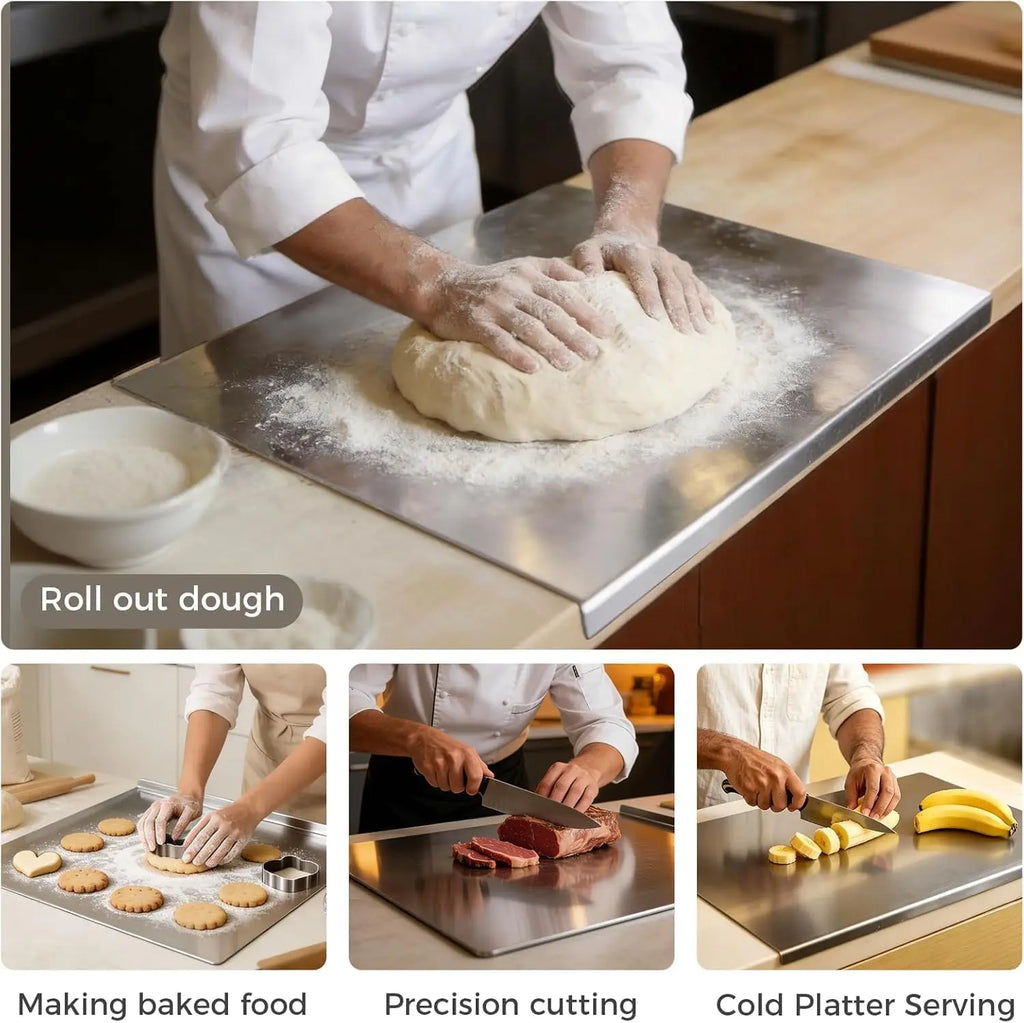 Stainless Steel Cutting Board  Food Grade 304 Extra Large Chopping Board with Non-Slip L-Shaped Edge Metal Pastry Board Dough Roller Mat   Double Sided for Meat Vegetables Dough Kneading Baking Kitchen Tool