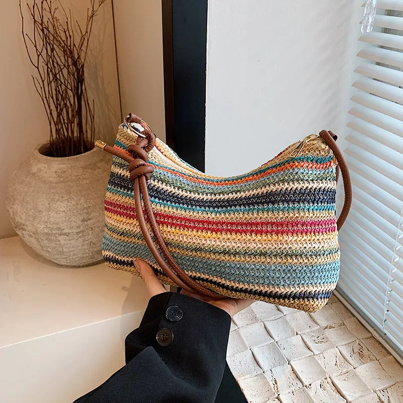 Striped Straw Tote Bag