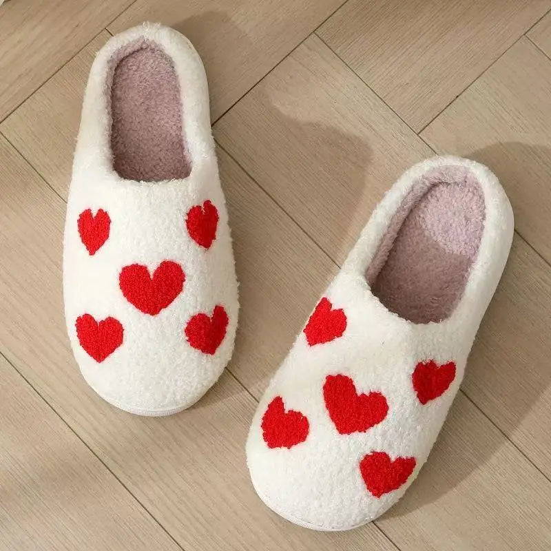Women Winter Lovely Strawberry Plush Slippers Female Soft Home Warm Slides Adults Indoor Fashion Red Heart-shaped Pattern Shoes