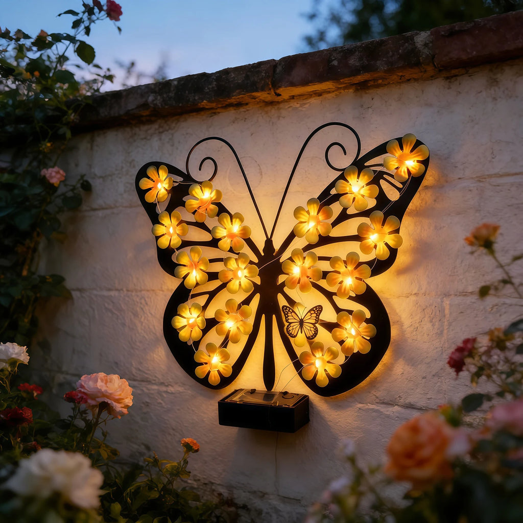 Solar Metal Butterfly Wall Decor IP65 Waterproof Hanging Light Decoration for Garden Patio Porch Yard Women Birthday Gifts