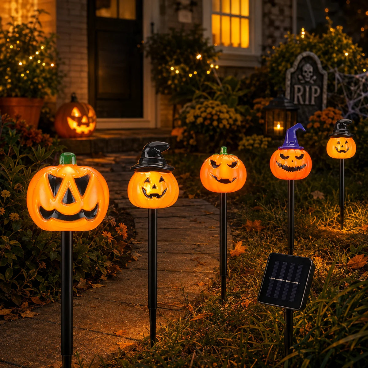 5pcs/set Halloween Horrible Pumpkin Stakes Lights Spooky Solar Powered Garden Lamp For Halloween Outdoor Party Yard Patio Decor