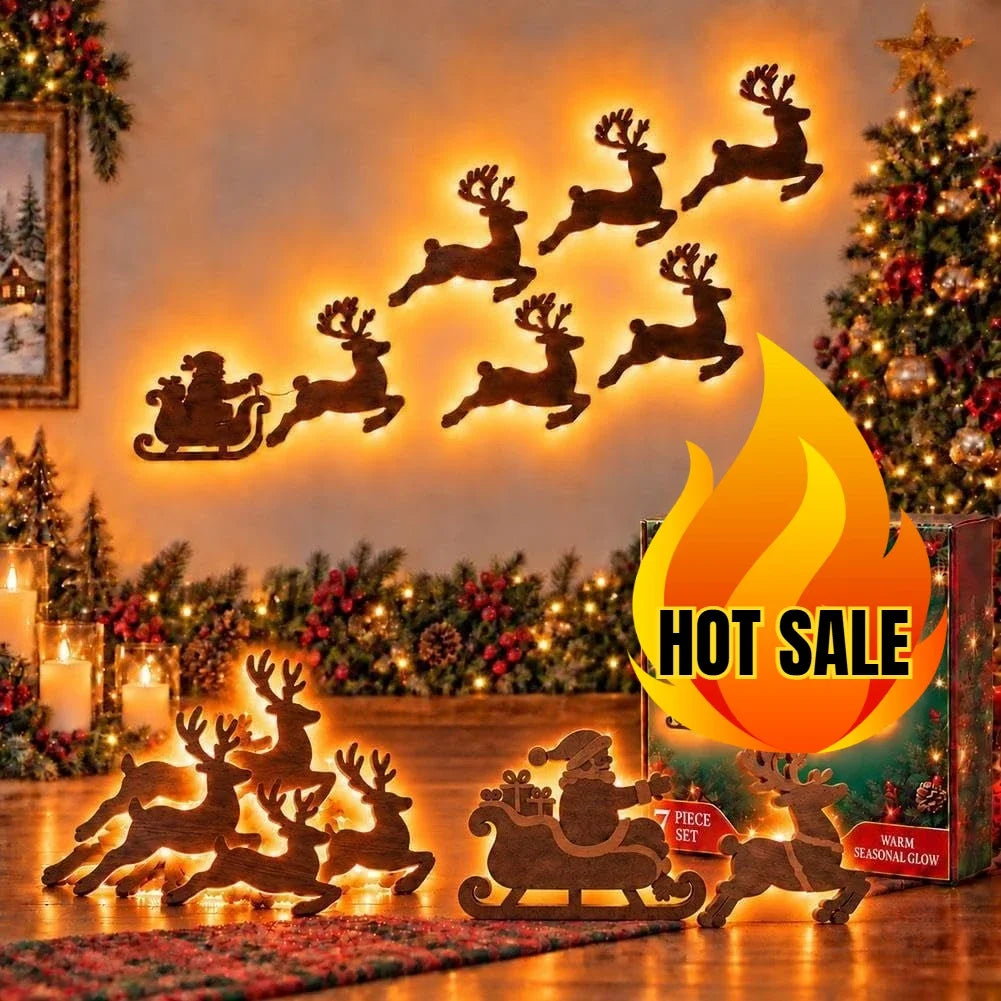 3D Reindeer Glow Santa Sleigh Christmas Wall Decoration Indoor Lighted,LED Light up Glowing Reindeer 3D Wooden Wall Art Stickers