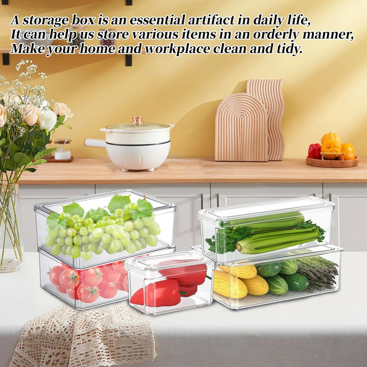 New Refrigerator Organizer Bin Stackable Fridge Food Storage Box With Handle Clear Plastic Pantry Food Freezer Organizer Tool