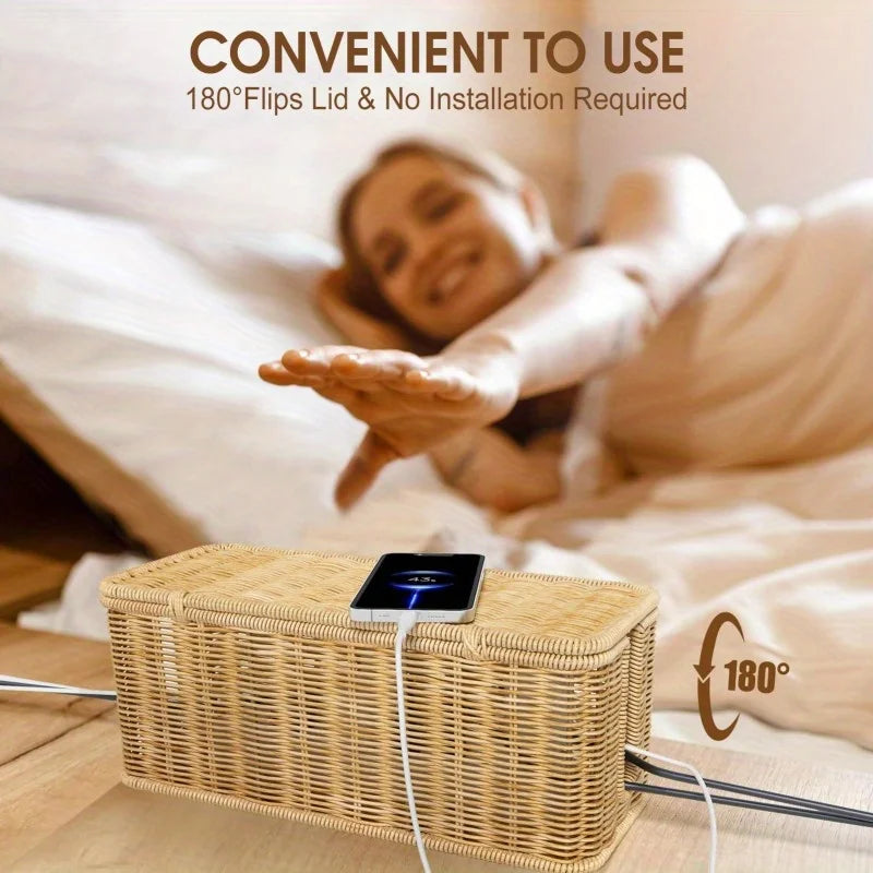 Durable Rattan Woven Cable Storage Box Desktop Cable Management Organizer Openable Lid Cable Entry Slots for Power Strip and Data Cables Home Office