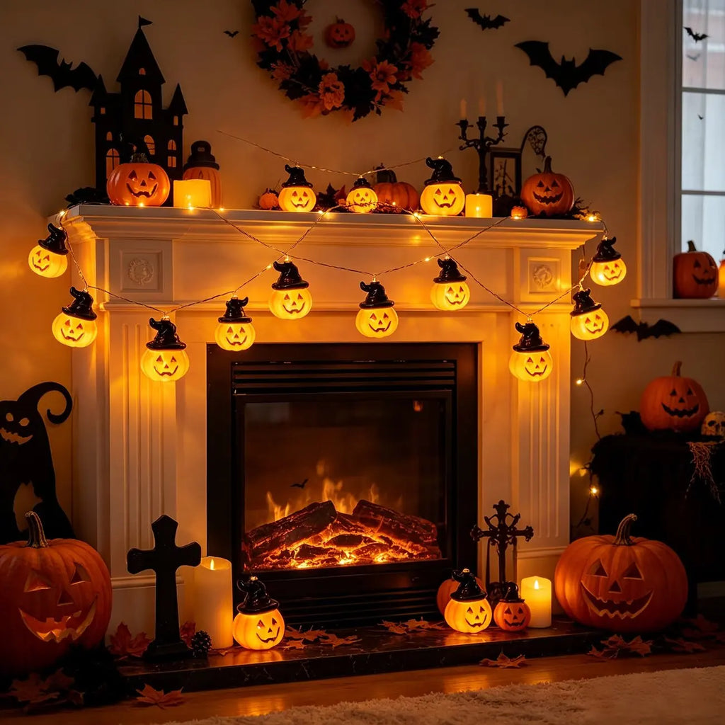 59.06in Halloween Pumpkin Fairy Lights Warm White 10LED Festival String Lights Battery Powered Room Holiday Decoration