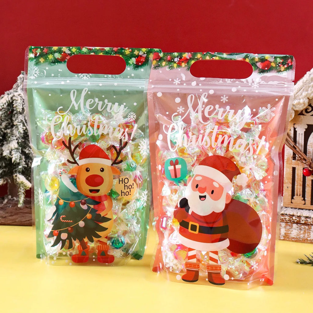 10/20pcs Merry Christmas Gift Bags Santa Elk Resealable Candy Bags with Zippers New Year Party Favor Bags Christmas Decoration