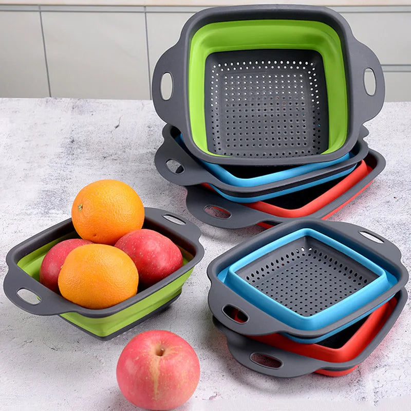 1pcs Round Square Foldable Silicone Colander Fruit Vegetable Washing  Strainer Colander Collapsible Drainer Kitchen Storage Tool