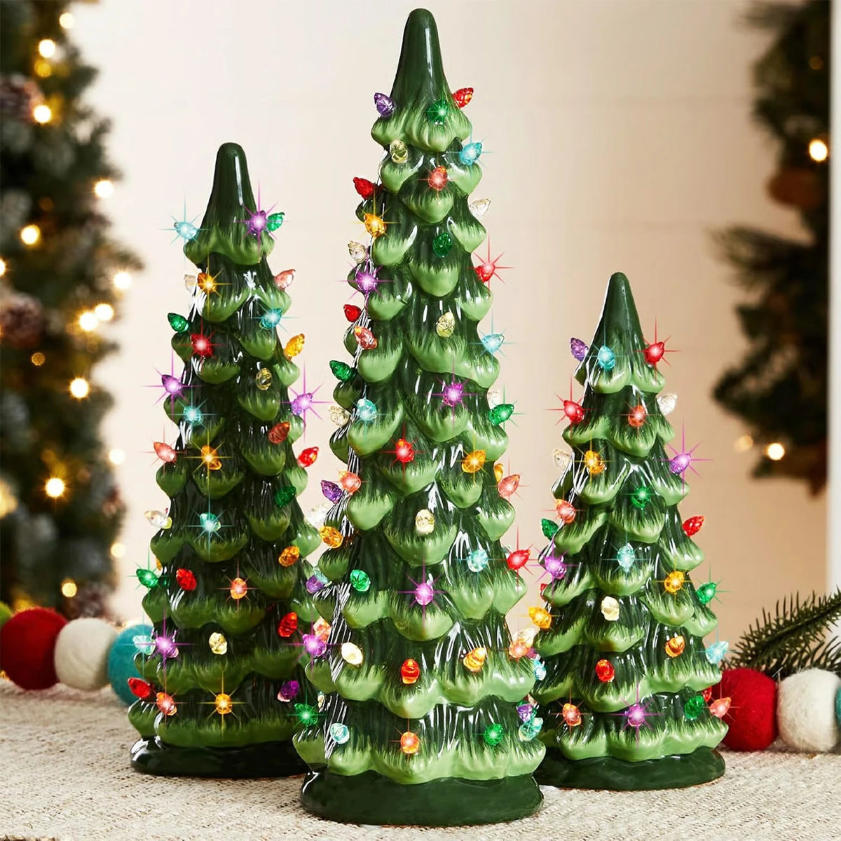 Retro Hand-Painted Tabletop Christmas Trees with LED Lights Resin Colorful LED Mini Christmas Tree for Home Christmas Decoration