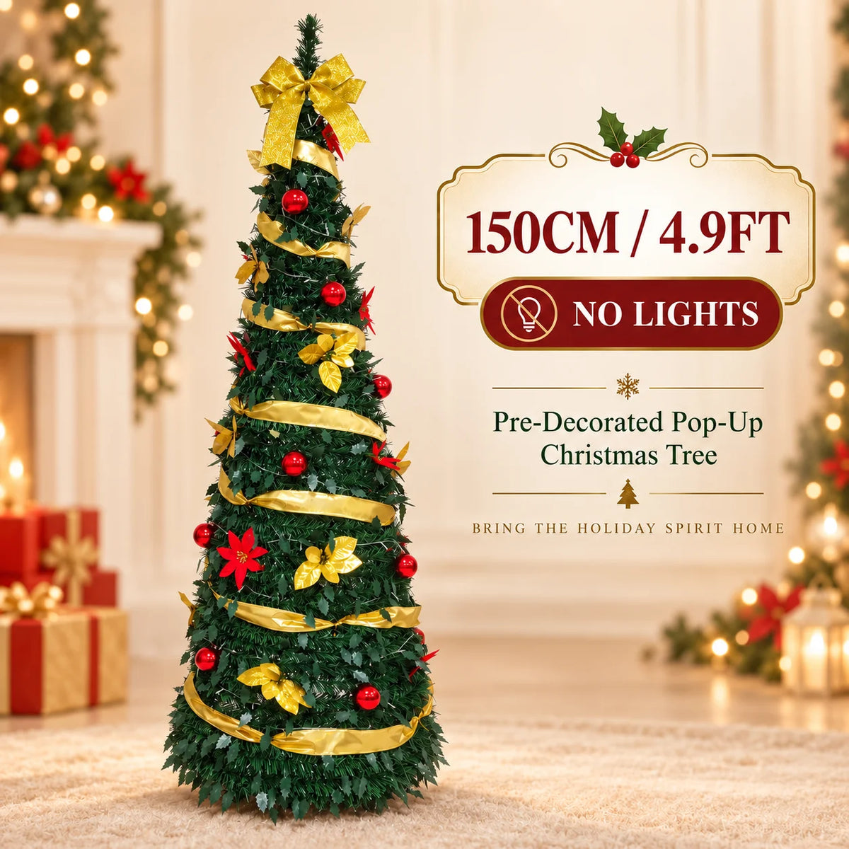 Pre Decorated Christmas Tree 120/150/180/210cm Artificial Xmas Tree with Warm Yellow LED Lights Gold Ribbon Red Ornaments Holida