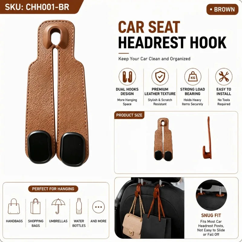 Car Seat Headrest Hooks 2 in 1 Leather Car Seat Back Hook Purse and Bag Backpack Double Hook Cars Seat Hanger Car Headrest Hooks