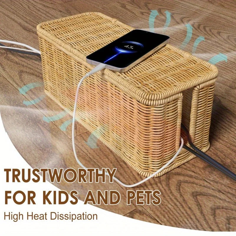 Durable Rattan Woven Cable Storage Box Desktop Cable Management Organizer Openable Lid Cable Entry Slots for Power Strip and Data Cables Home Office