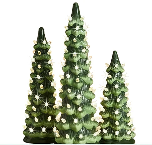 Retro Hand-Painted Tabletop Christmas Trees with LED Lights Resin Colorful LED Mini Christmas Tree for Home Christmas Decoration