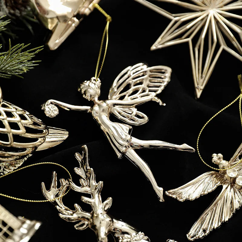 2025 Christmas Tree Ornaments Gold Plastic Elk Unicorn Angel Snowflake Hanging Pendants 2026 New Year Home Decoration Kids Gift